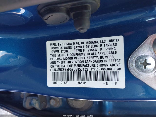 45943147 :رقم المزاد ، 19XFB2F57DE050135 vin ، 2013 Honda Civic Lx مزاد بيع
