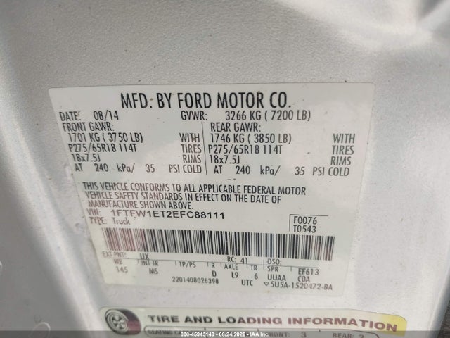 Aukcja sprzedaży 2014 Ford F-150 Xlt, vin: 1FTFW1ET2EFC88111, numer aukcji: 45943149