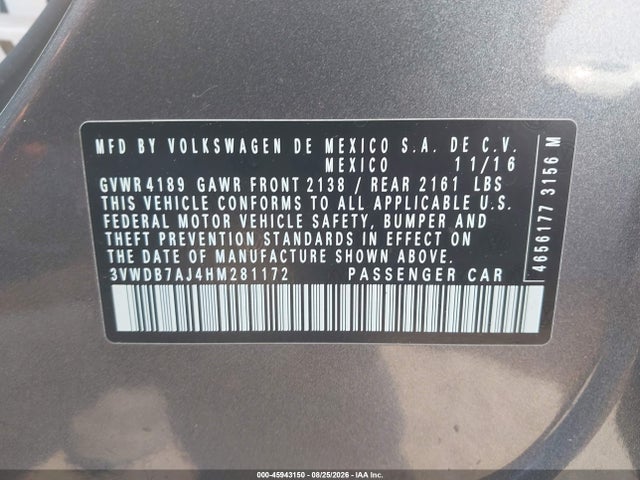 45943150 :رقم المزاد ، 3VWDB7AJ4HM281172 vin ، 2017 Volkswagen Jetta 1.4t Se مزاد بيع
