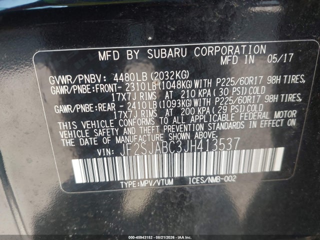 Aukcja sprzedaży 2018 Subaru Forester 2.5i, vin: JF2SJABC3JH413537, numer aukcji: 45943152