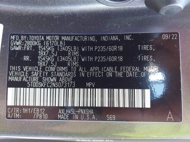 Продаж на аукціоні авто 2022 Toyota Sienna Xse, vin: 5TDDSKFC2NS073173, номер лоту: 45943153