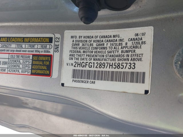 Продаж на аукціоні авто 2007 Honda Civic Ex, vin: 2HGFG12897H585733, номер лоту: 45943155