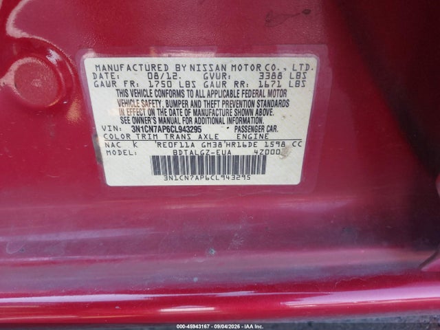 Продажа на аукционе авто 2012 Nissan Versa 1.6 Sl, vin: 3N1CN7AP6CL943295, номер лота: 45943167