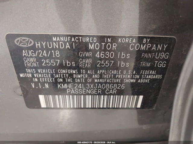 45943170 :رقم المزاد ، KMHE24L3XJA086826 vin ، 2018 Hyundai Sonata Hybrid Se مزاد بيع
