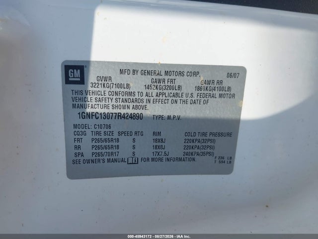 45943172 :رقم المزاد ، 1GNFC13077R424890 vin ، 2007 Chevrolet Tahoe Lt مزاد بيع