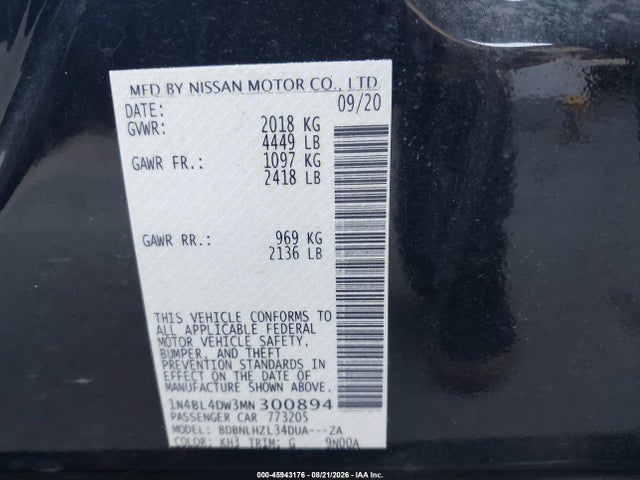 2021 Nissan Altima Sv Intelligent Awd მანქანა იყიდება აუქციონზე, vin: 1N4BL4DW3MN300894, აუქციონის ნომერი: 45943176