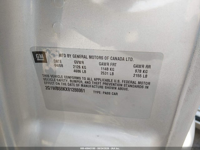 Продаж на аукціоні авто 2008 Chevrolet Impala Ls, vin: 2G1WB58KX81288061, номер лоту: 45943180