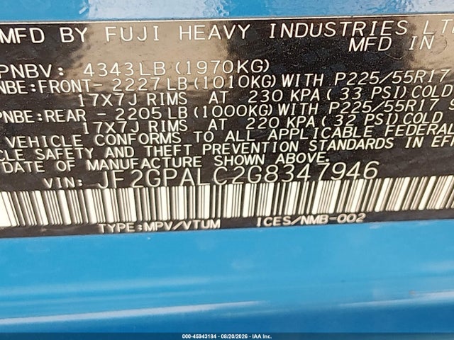 JF2GPALC2G8347946 Subaru Crosstrek 2.0i Limited