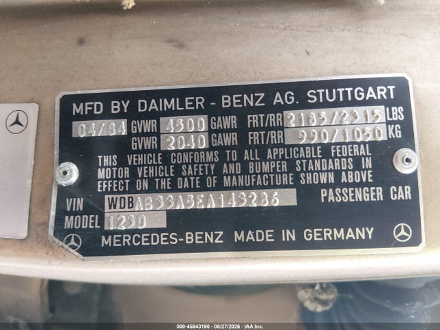 45943190 :رقم المزاد ، WDBAB33A5EA143286 vin ، 1984 Mercedes-benz 300 Dt مزاد بيع