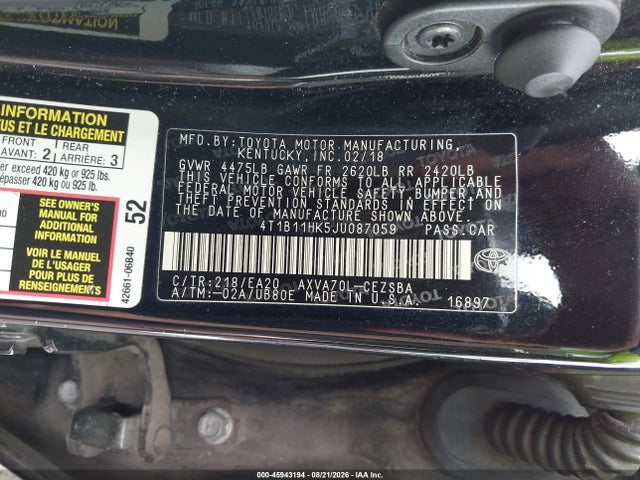 Aukcja sprzedaży 2018 Toyota Camry Se, vin: 4T1B11HK5JU087059, numer aukcji: 45943194
