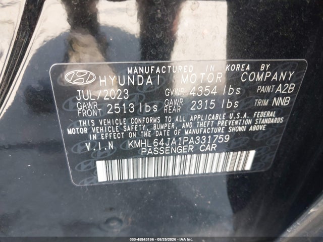 45943196 :رقم المزاد ، KMHL64JA1PA331759 vin ، 2023 Hyundai Sonata Sel مزاد بيع