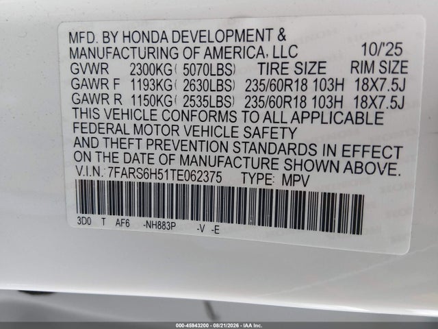 Продажа на аукционе авто 2026 Honda Cr-v Hybrid Awd Sport, vin: 7FARS6H51TE062375, номер лота: 45943200