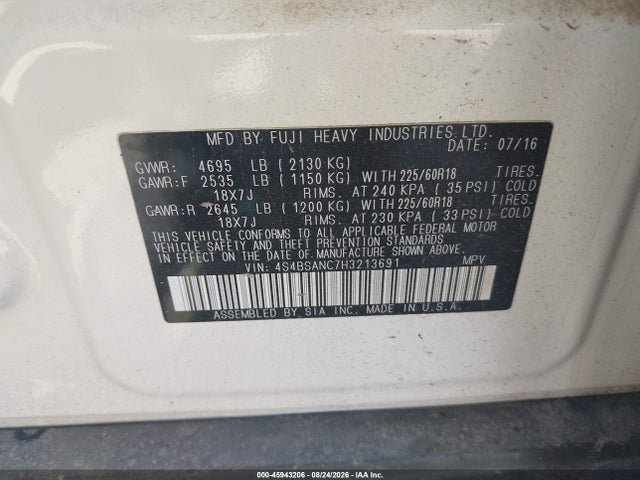 2017 Subaru Outback 2.5i Limited მანქანა იყიდება აუქციონზე, vin: 4S4BSANC7H3213691, აუქციონის ნომერი: 45943206