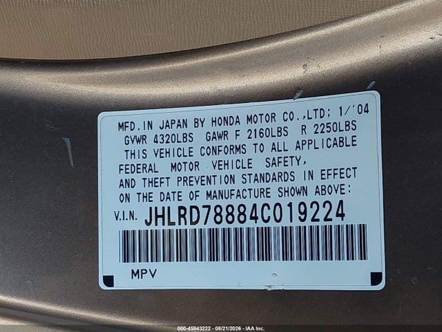 Продажа на аукционе авто 2004 Honda Cr-v Ex, vin: JHLRD78884C019224, номер лота: 45943222