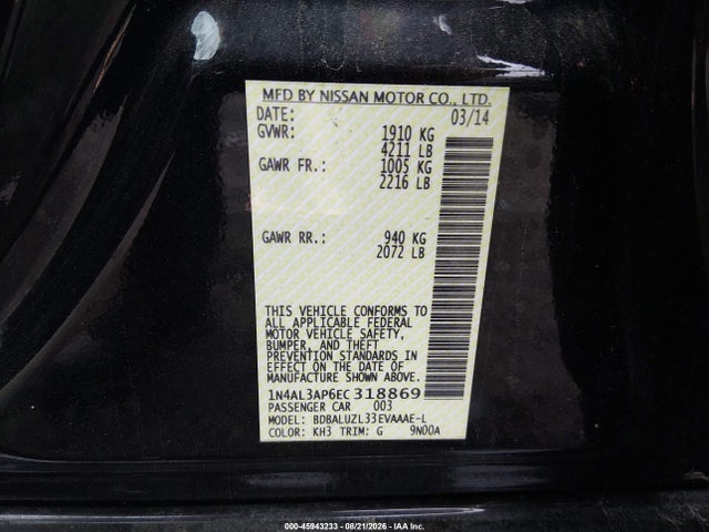 45943233 :رقم المزاد ، 1N4AL3AP6EC318869 vin ، 2014 Nissan Altima 2.5 Sv مزاد بيع