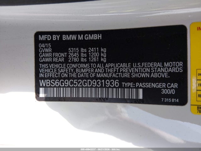 Aukcja sprzedaży 2016 Bmw M6, vin: WBS6G9C52GD931936, numer aukcji: 45943237