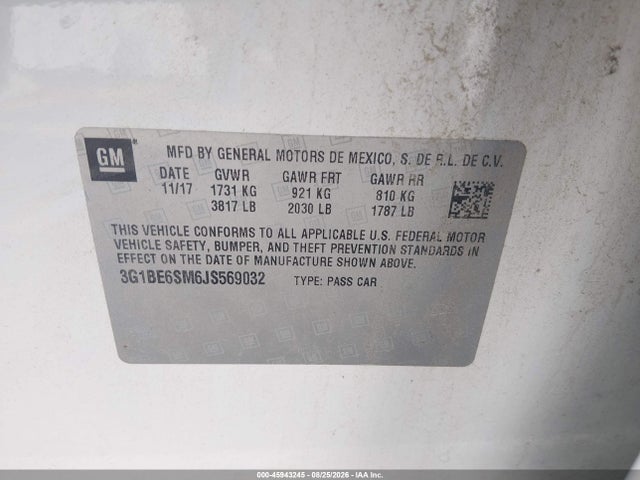 45943245 :رقم المزاد ، 3G1BE6SM6JS569032 vin ، 2018 Chevrolet Cruze Lt Auto مزاد بيع
