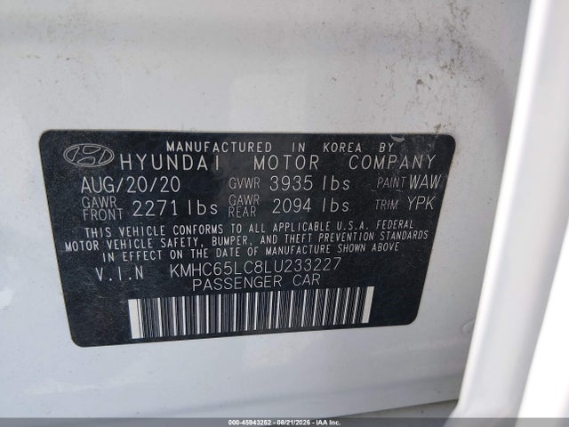 45943252 :رقم المزاد ، KMHC65LC8LU233227 vin ، 2020 Hyundai Ioniq Hybrid Blue مزاد بيع