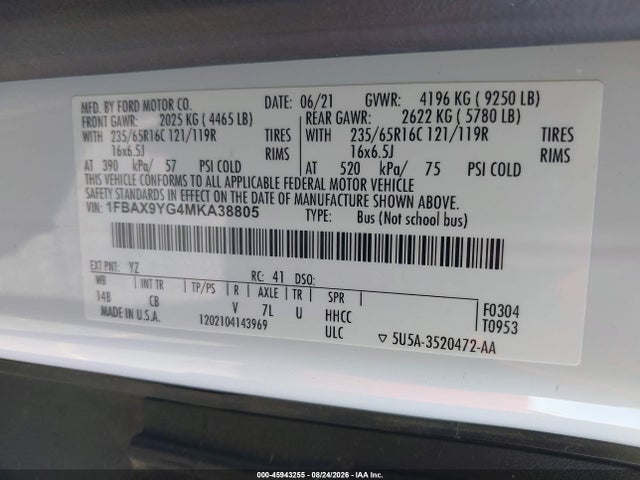2021 Ford Transit-350 Passenger Van Xlt მანქანა იყიდება აუქციონზე, vin: 1FBAX9YG4MKA38805, აუქციონის ნომერი: 45943255