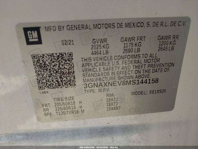 45943258 :رقم المزاد ، 3GNAXNEV8MS144158 vin ، 2021 Chevrolet Equinox Fwd Premier مزاد بيع