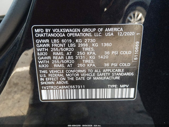 Продаж на аукціоні авто 2021 Volkswagen Atlas 3.6l V6 Sel Premium, vin: 1V2TR2CA8MC557311, номер лоту: 45943259