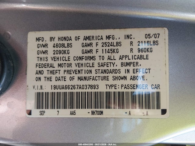 2007 Acura Tl 3.2 მანქანა იყიდება აუქციონზე, vin: 19UUA66267A037893, აუქციონის ნომერი: 45943280