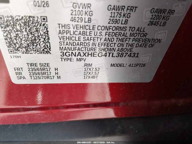 Aukcja sprzedaży 2026 Chevrolet Equinox Fwd Lt, vin: 3GNAXHEG4TL387431, numer aukcji: 45943287