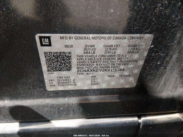 Продажа на аукционе авто 2019 Chevrolet Equinox Lt, vin: 2GNAXKEV2K6111764, номер лота: 45943312