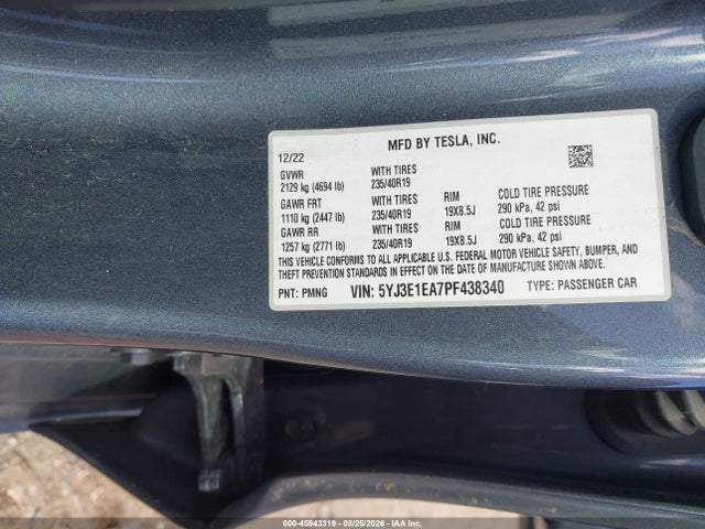 45943319 :رقم المزاد ، 5YJ3E1EA7PF438340 vin ، 2023 Tesla Model 3 Rear-wheel Drive مزاد بيع