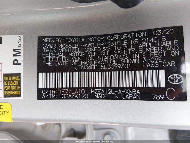 Продажа на аукционе авто 2020 Toyota Corolla Xse, vin: JTNC4RBE5L3099301, номер лота: 45943328