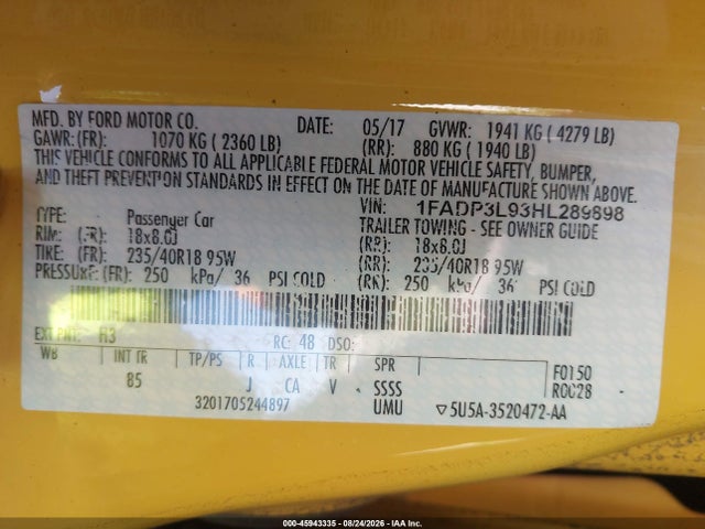 Продаж на аукціоні авто 2017 Ford Focus, vin: 1FADP3L93HL289898, номер лоту: 45943335