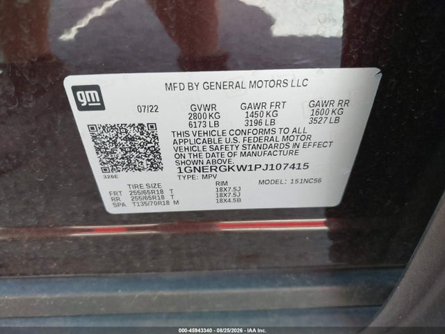 45943340 :رقم المزاد ، 1GNERGKW1PJ107415 vin ، 2023 Chevrolet Traverse Fwd Lt Cloth مزاد بيع