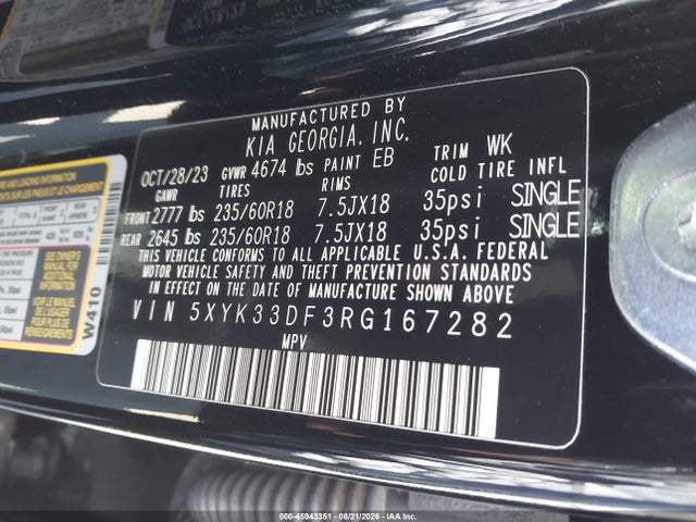 45943351 :رقم المزاد ، 5XYK33DF3RG167282 vin ، 2024 Kia Sportage Ex مزاد بيع