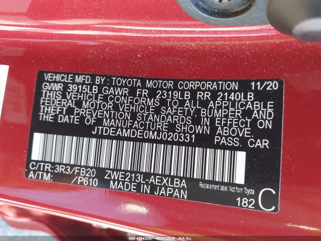 Toyota Corolla Hybrid Le 2021 JTDEAMDE0MJ020331 Image 9