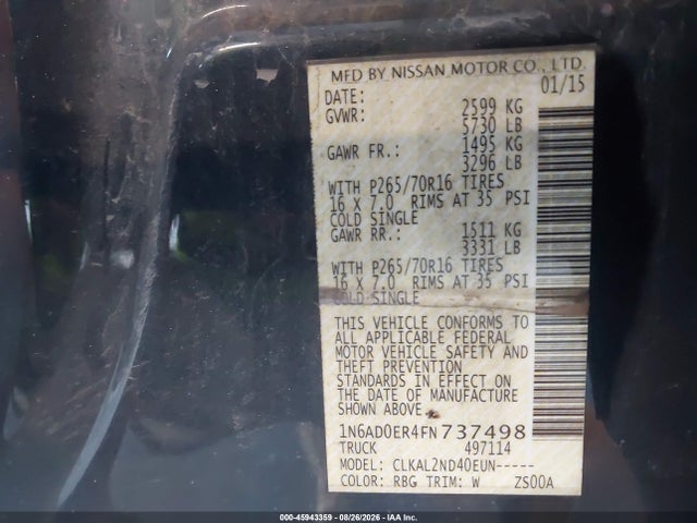 45943359 :رقم المزاد ، 1N6AD0ER4FN737498 vin ، 2015 Nissan Frontier Sv مزاد بيع