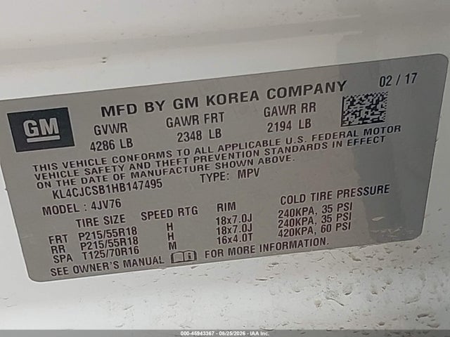 45943367 :رقم المزاد ، KL4CJCSB1HB147495 vin ، 2017 Buick Encore Essence مزاد بيع