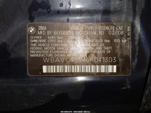 2008 Bmw 328xi მანქანა იყიდება აუქციონზე, vin: WBAVC93548K041303, აუქციონის ნომერი: 45943375