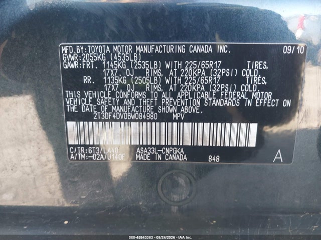 Продаж на аукціоні авто 2011 Toyota Rav4 Limited, vin: 2T3DF4DV0BW084980, номер лоту: 45943383