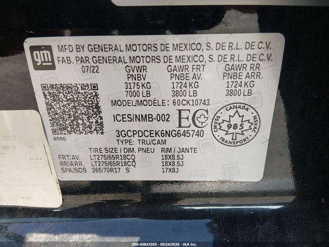 Aukcja sprzedaży 2022 Chevrolet Silverado 1500 Custom Trail Boss, vin: 3GCPDCEK6NG645740, numer aukcji: 45943385