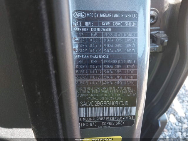 2016 Land Rover Range Rover Evoque Hse Dynamic მანქანა იყიდება აუქციონზე, vin: SALVD2BG8GH087036, აუქციონის ნომერი: 45943386