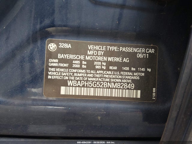 2011 Bmw 328i მანქანა იყიდება აუქციონზე, vin: WBAPH5G52BNM82849, აუქციონის ნომერი: 45943391