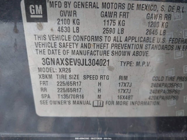 Aukcja sprzedaży 2018 Chevrolet Equinox Lt, vin: 3GNAXSEV9JL304021, numer aukcji: 45943392