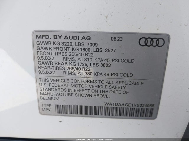 Aukcja sprzedaży 2024 Audi Q8 E-tron S Line Prestige Quattro, vin: WA1DAAGE1RB024955, numer aukcji: 45943399
