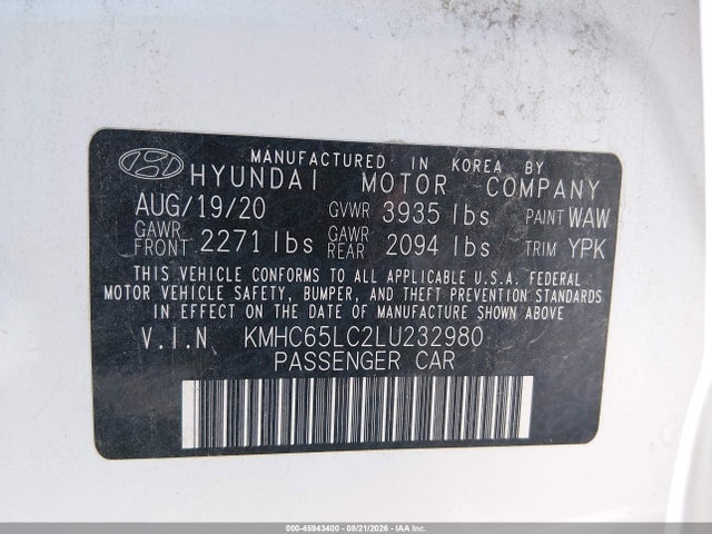 Продаж на аукціоні авто 2020 Hyundai Ioniq Hybrid Blue, vin: KMHC65LC2LU232980, номер лоту: 45943400