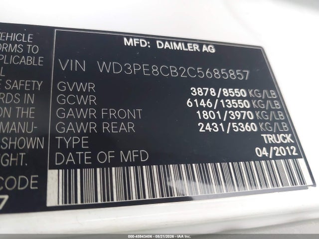 Aukcja sprzedaży 2012 Mercedes-benz Sprinter 2500 High Roof, vin: WD3PE8CB2C5685857, numer aukcji: 45943406