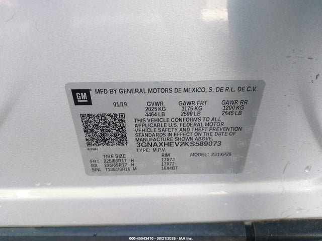 Aukcja sprzedaży 2019 Chevrolet Equinox Ls, vin: 3GNAXHEV2KS589073, numer aukcji: 45943410