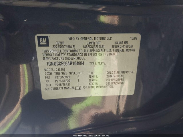 45943412 :رقم المزاد ، 1GNUCCE06AR104984 vin ، 2010 Chevrolet Tahoe Ltz مزاد بيع