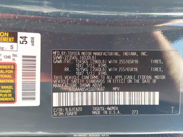 2025 Toyota Grand Highlander Xle მანქანა იყიდება აუქციონზე, vin: 5TDAAAB54SS079687, აუქციონის ნომერი: 45943421