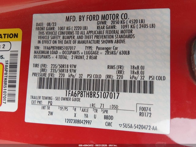 Продаж на аукціоні авто 2024 Ford Mustang Ecoboost Fastback, vin: 1FA6P8TH8R5107017, номер лоту: 45943432