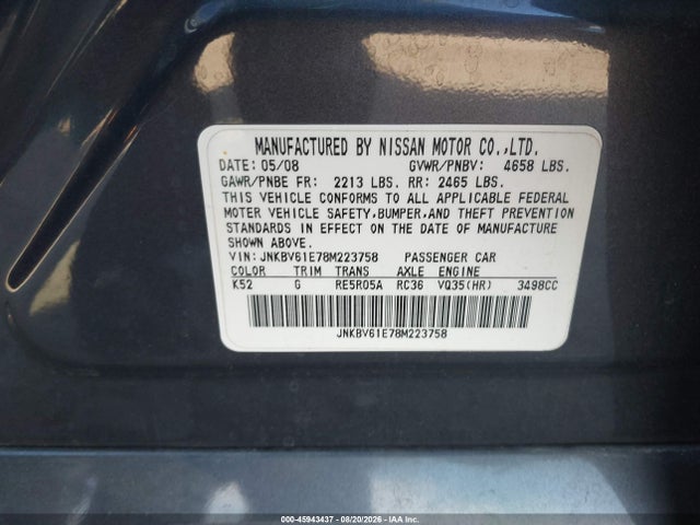 45943437 :رقم المزاد ، JNKBV61E78M223758 vin ، 2008 Infiniti G35 Journey مزاد بيع